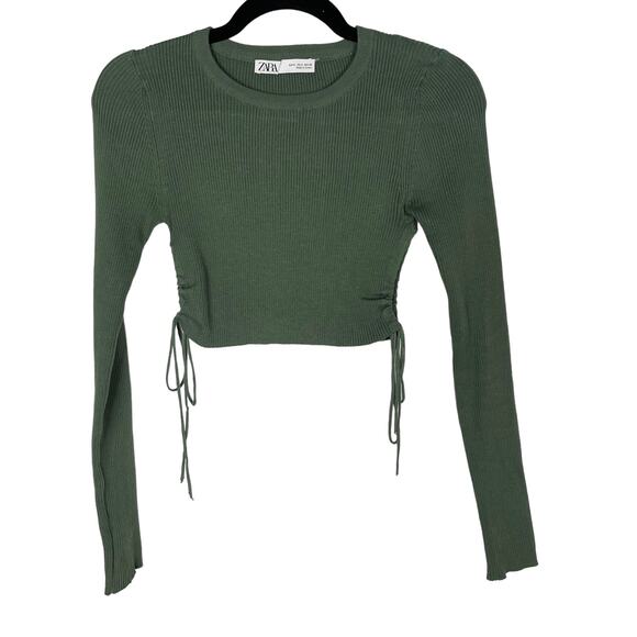 Zara Womens Small S Green Cropped Ribbed Sweater Side Tie Keyhole Opening Fitted - Picture 1 of 8